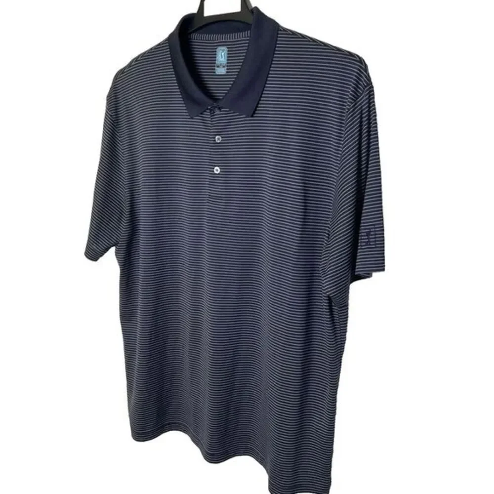 Mens PGA Tour Men's Size XXL Polo Blue/White Striped Short Sleeve Logo Polyester